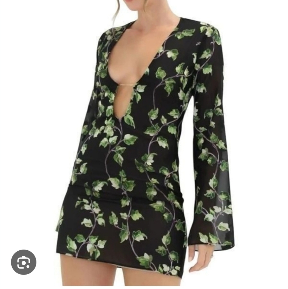 Rumored Floral Plunge Mini Dress Bell Sleeve - NWT